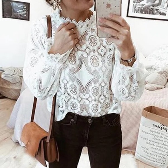 BellanBlue Tops - White lace scalloped high neck long sleeve Top Boho